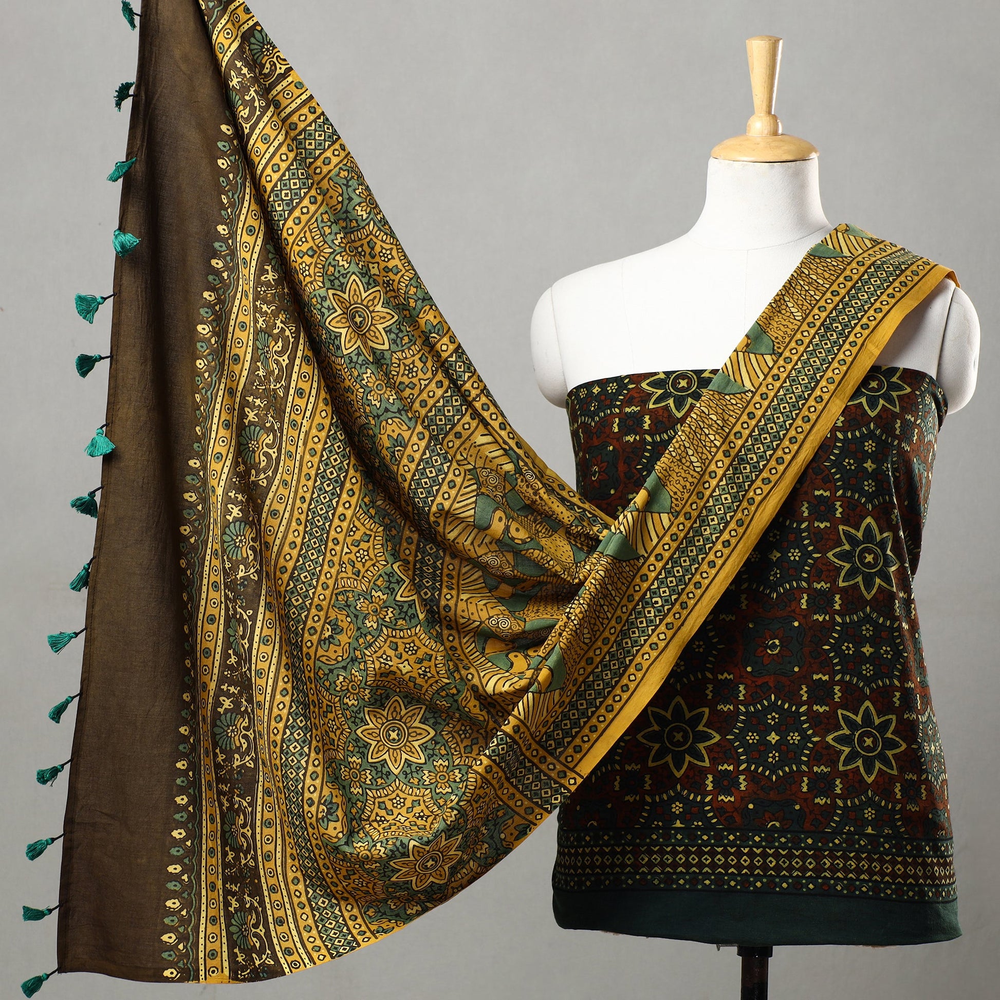 Brown - 3pc Ajrakh Block Printed Natural Dyed Cotton Suit Material Set 07