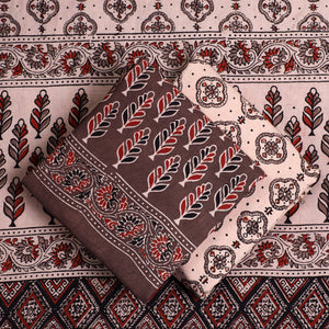 Brown - 3pc Ajrakh Block Printed Natural Dyed Cotton Suit Material Set 03
