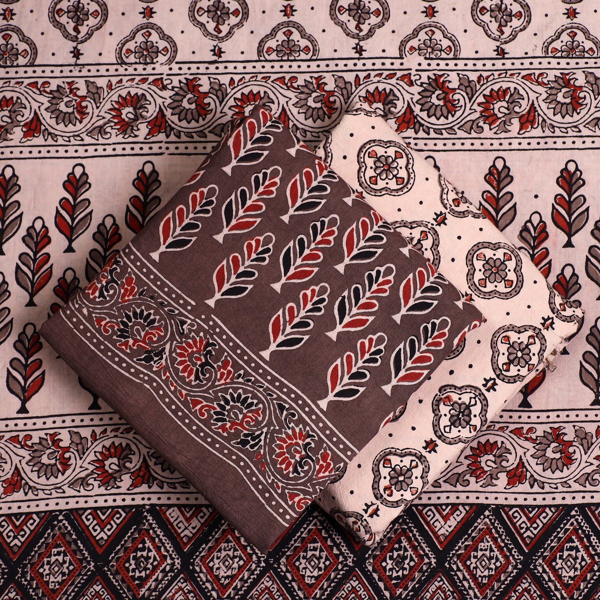 Brown - 3pc Ajrakh Block Printed Natural Dyed Cotton Suit Material Set 03