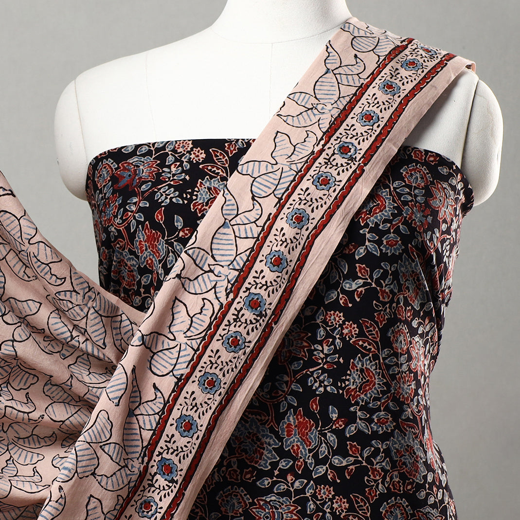 Black - 3pc Ajrakh Block Printed Natural Dyed Cotton Suit Material Set 08