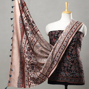 Black - 3pc Ajrakh Block Printed Natural Dyed Cotton Suit Material Set 08