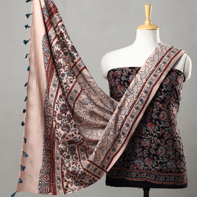 Black - 3pc Ajrakh Block Printed Natural Dyed Cotton Suit Material Set 08