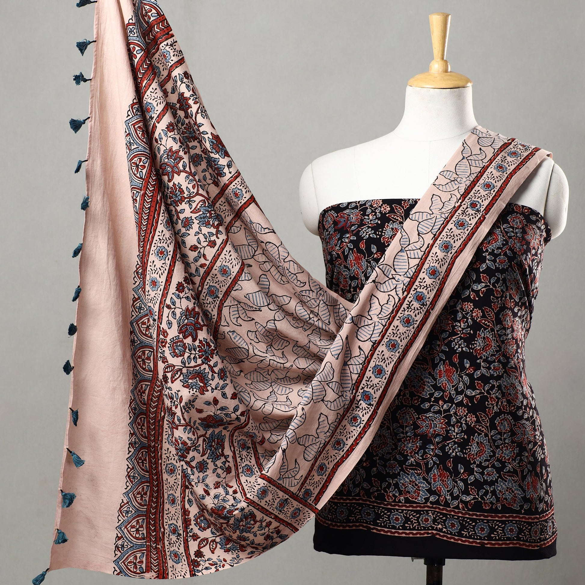 Black - 3pc Ajrakh Block Printed Natural Dyed Cotton Suit Material Set 08