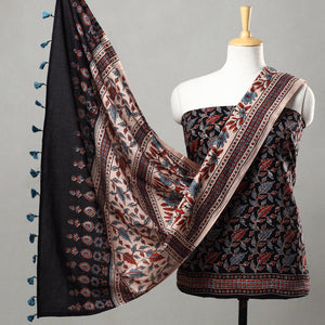 Black - 3pc Ajrakh Block Printed Natural Dyed Cotton Suit Material Set 10