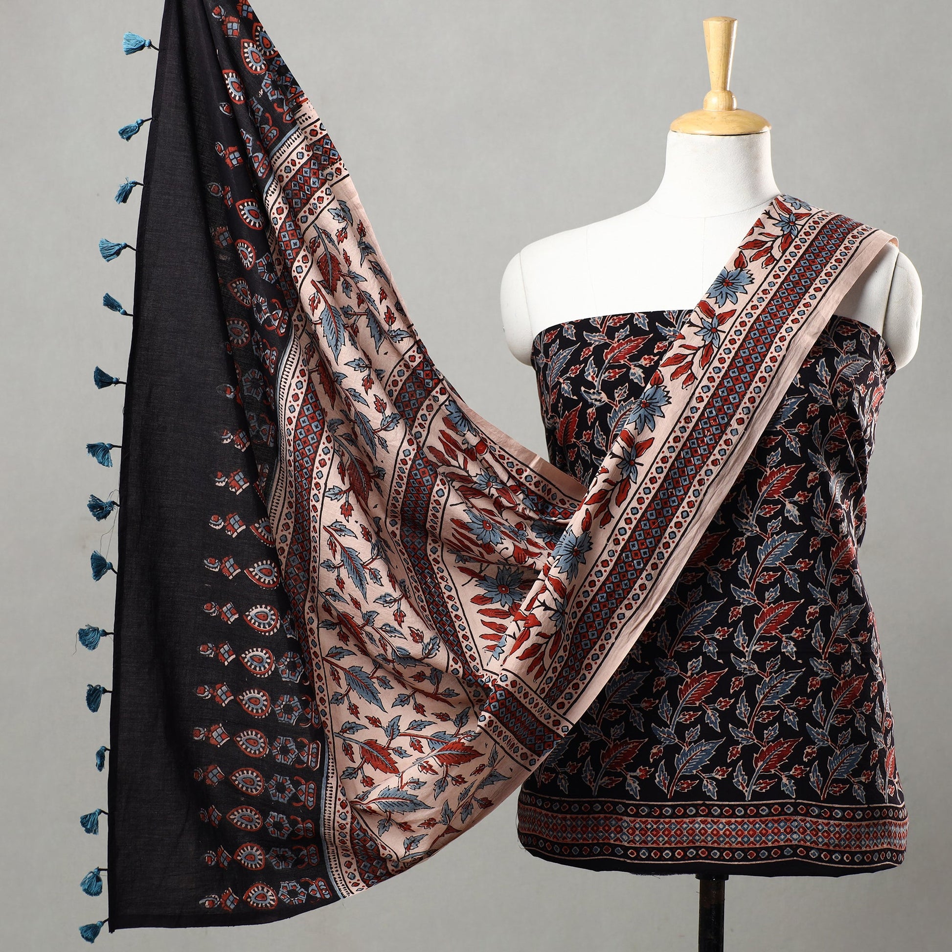 Black - 3pc Ajrakh Block Printed Natural Dyed Cotton Suit Material Set 10