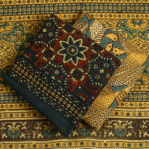 Brown - 3pc Ajrakh Block Printed Natural Dyed Cotton Suit Material Set 07
