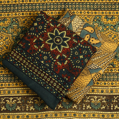 Brown - 3pc Ajrakh Block Printed Natural Dyed Cotton Suit Material Set 07