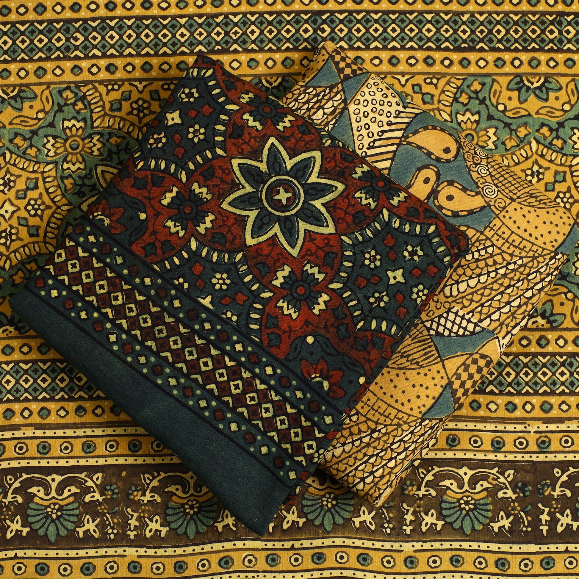 Brown - 3pc Ajrakh Block Printed Natural Dyed Cotton Suit Material Set 07