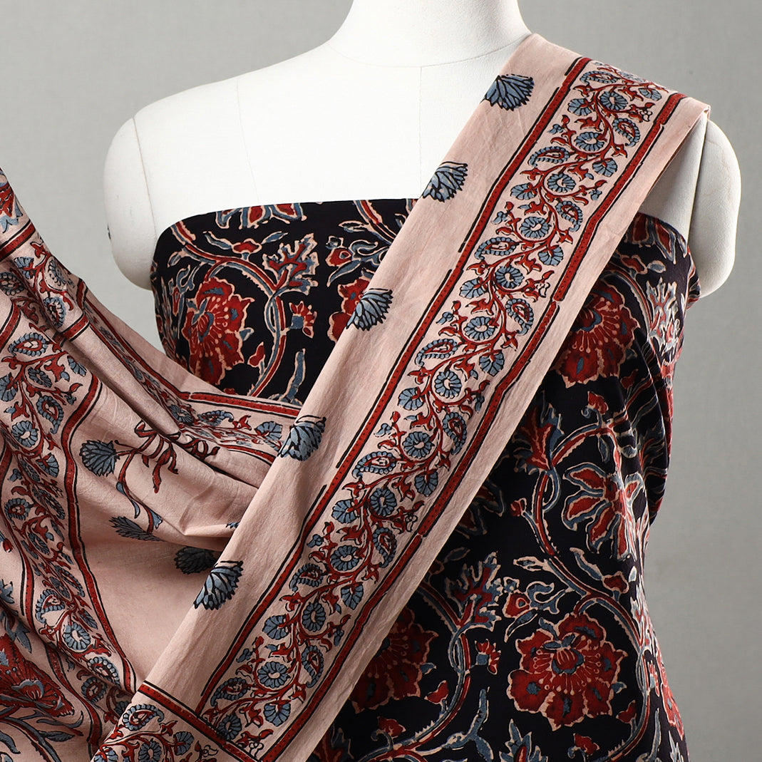Black - 3pc Ajrakh Block Printed Natural Dyed Cotton Suit Material Set 12