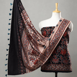 Black - 3pc Ajrakh Block Printed Natural Dyed Cotton Suit Material Set 12