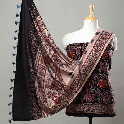 Black - 3pc Ajrakh Block Printed Natural Dyed Cotton Suit Material Set 12