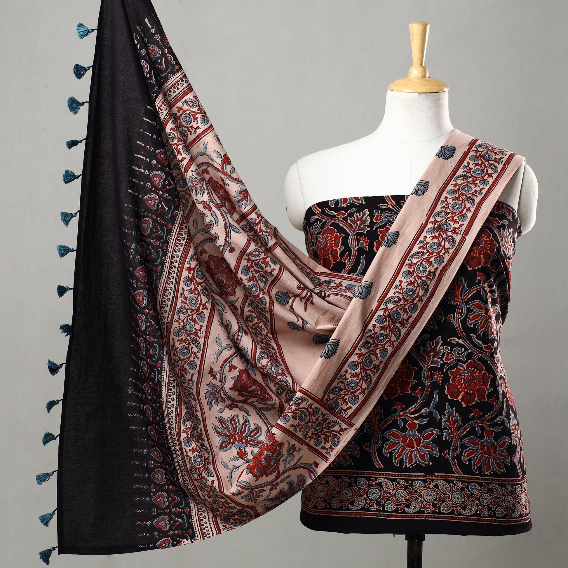 Black - 3pc Ajrakh Block Printed Natural Dyed Cotton Suit Material Set 12