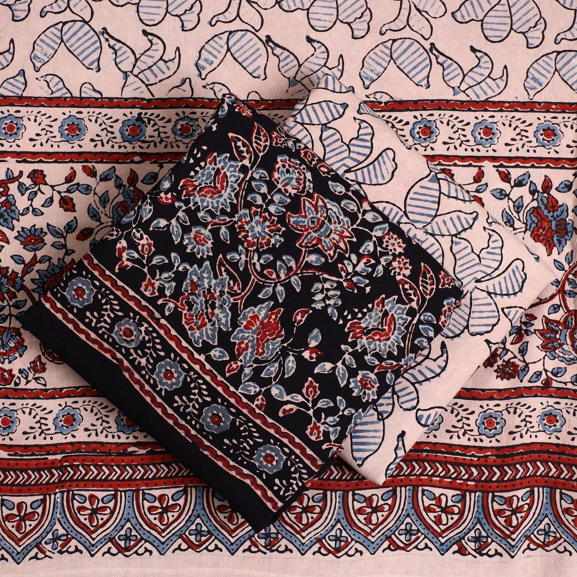 Black - 3pc Ajrakh Block Printed Natural Dyed Cotton Suit Material Set 08