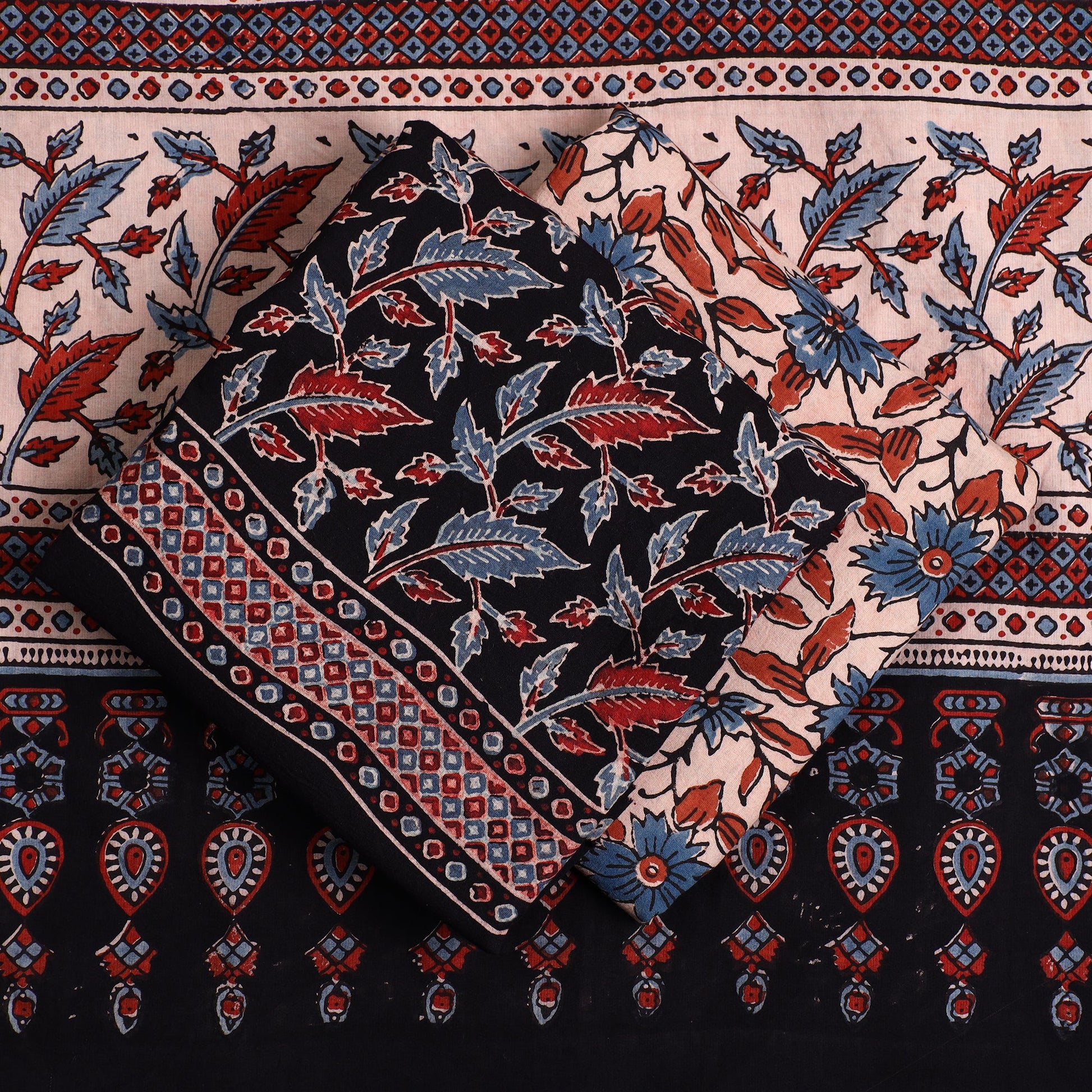 Black - 3pc Ajrakh Block Printed Natural Dyed Cotton Suit Material Set 10
