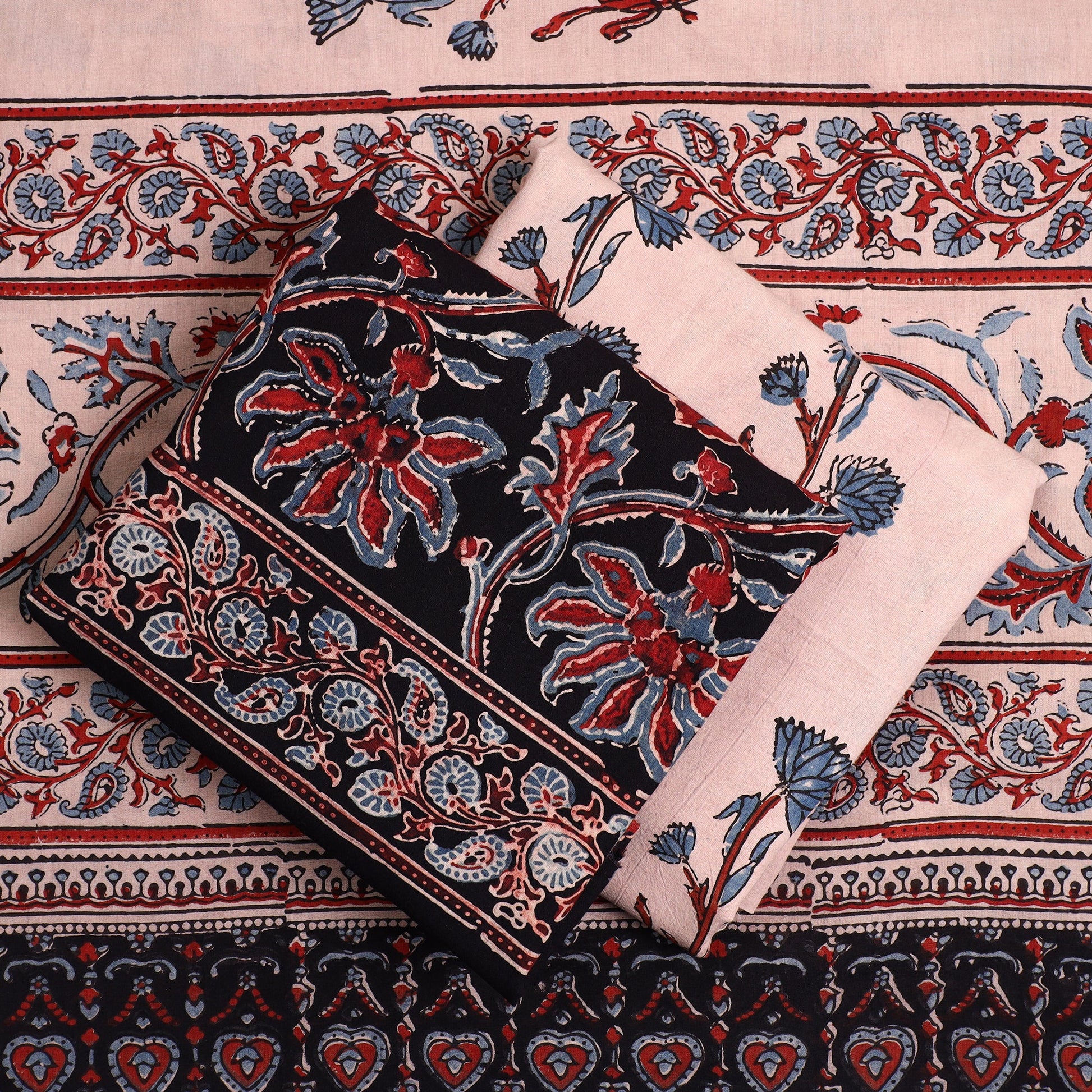 Black - 3pc Ajrakh Block Printed Natural Dyed Cotton Suit Material Set 12