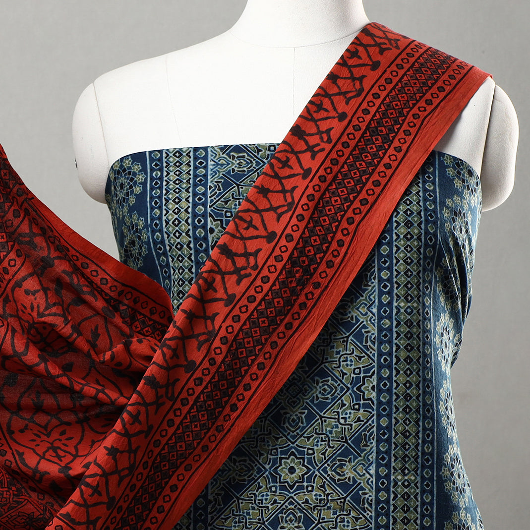 Blue - 3pc Ajrakh Block Printed Natural Dyed Cotton Suit Material Set 15