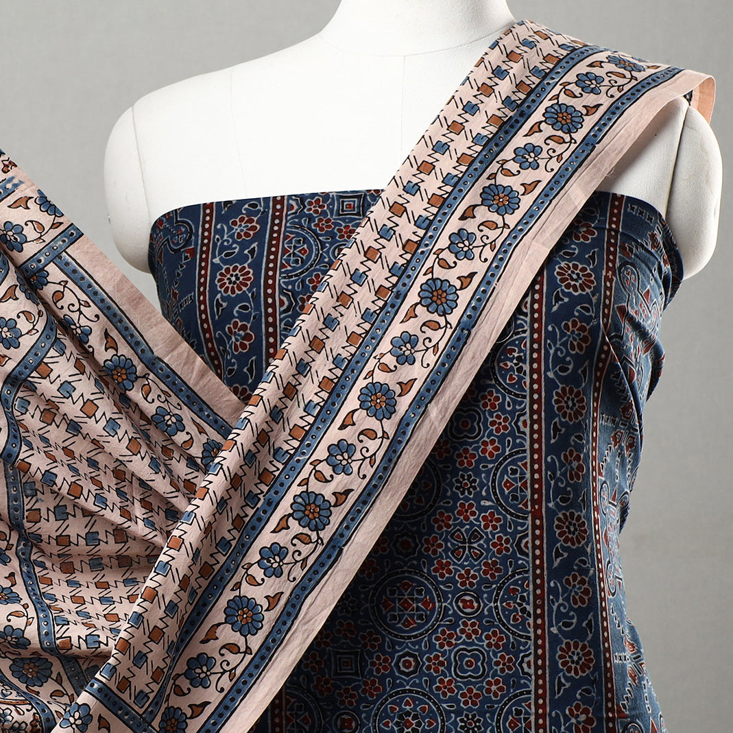 Blue - 3pc Ajrakh Block Printed Natural Dyed Cotton Suit Material Set 18