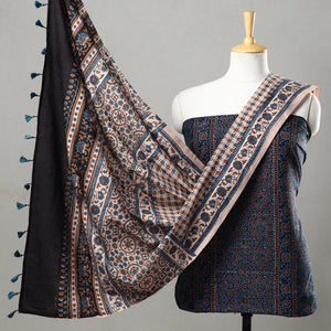 Blue - 3pc Ajrakh Block Printed Natural Dyed Cotton Suit Material Set 18