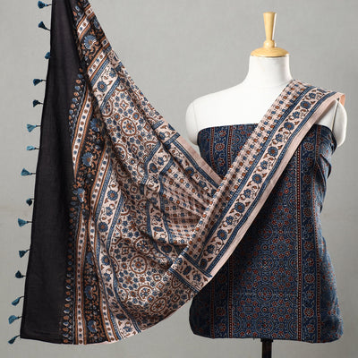 Blue - 3pc Ajrakh Block Printed Natural Dyed Cotton Suit Material Set 18