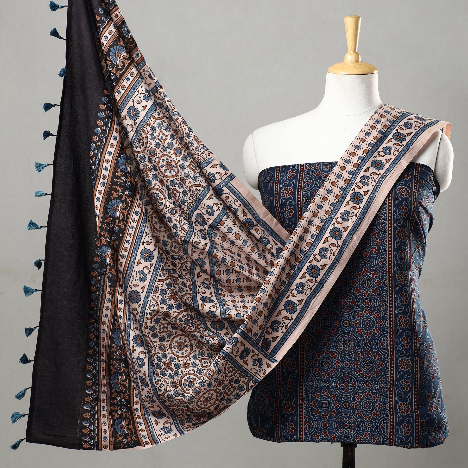 Blue - 3pc Ajrakh Block Printed Natural Dyed Cotton Suit Material Set 18