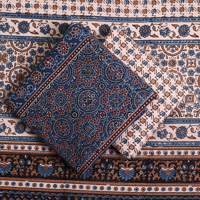 Blue - 3pc Ajrakh Block Printed Natural Dyed Cotton Suit Material Set 18