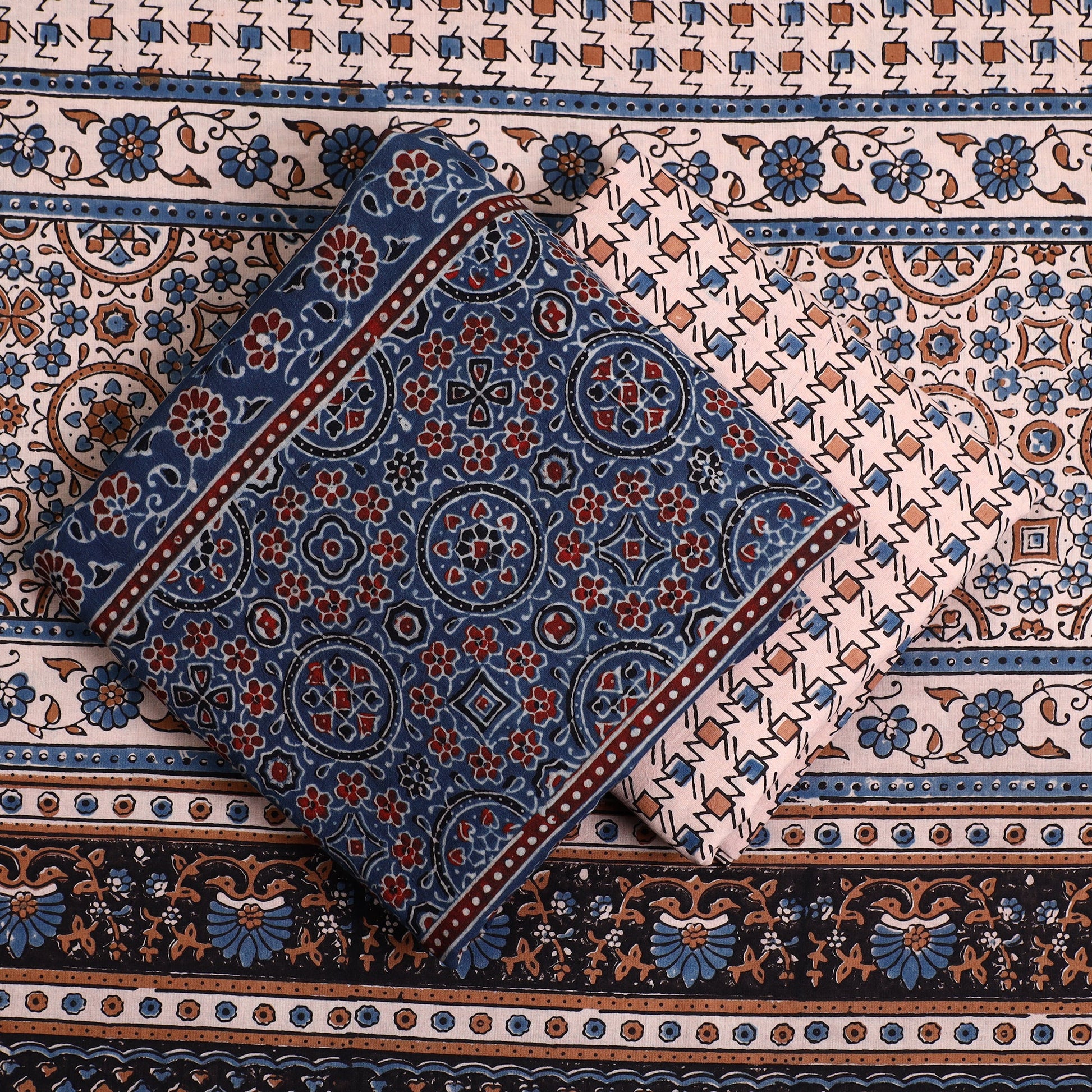 Blue - 3pc Ajrakh Block Printed Natural Dyed Cotton Suit Material Set 18
