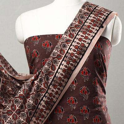 Brown - 3pc Ajrakh Block Printed Natural Dyed Cotton Suit Material Set 19