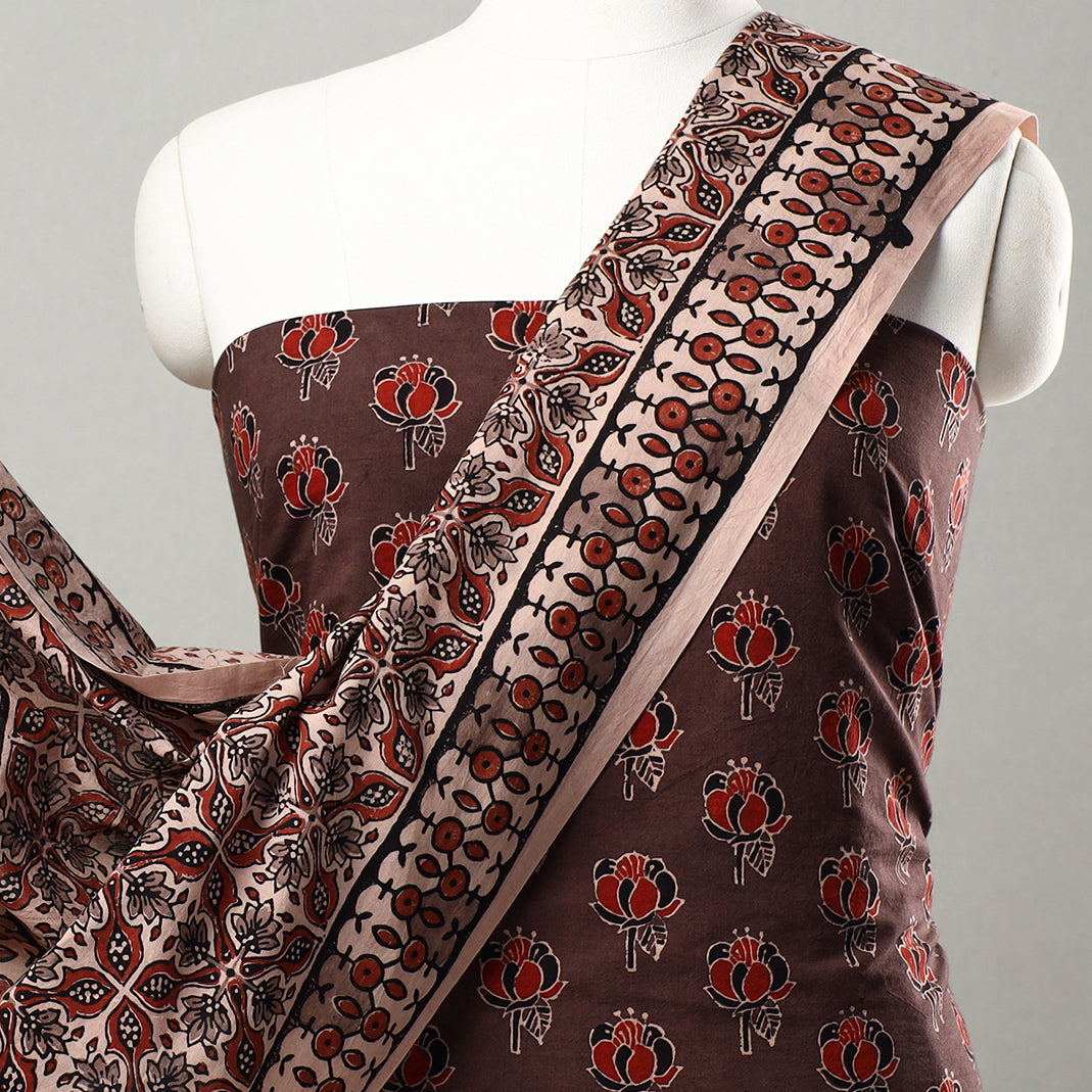 Brown - 3pc Ajrakh Block Printed Natural Dyed Cotton Suit Material Set 19