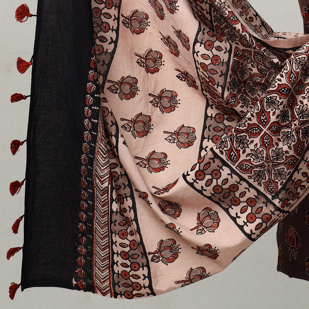 Brown - 3pc Ajrakh Block Printed Natural Dyed Cotton Suit Material Set 19