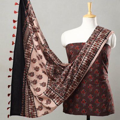 Brown - 3pc Ajrakh Block Printed Natural Dyed Cotton Suit Material Set 19