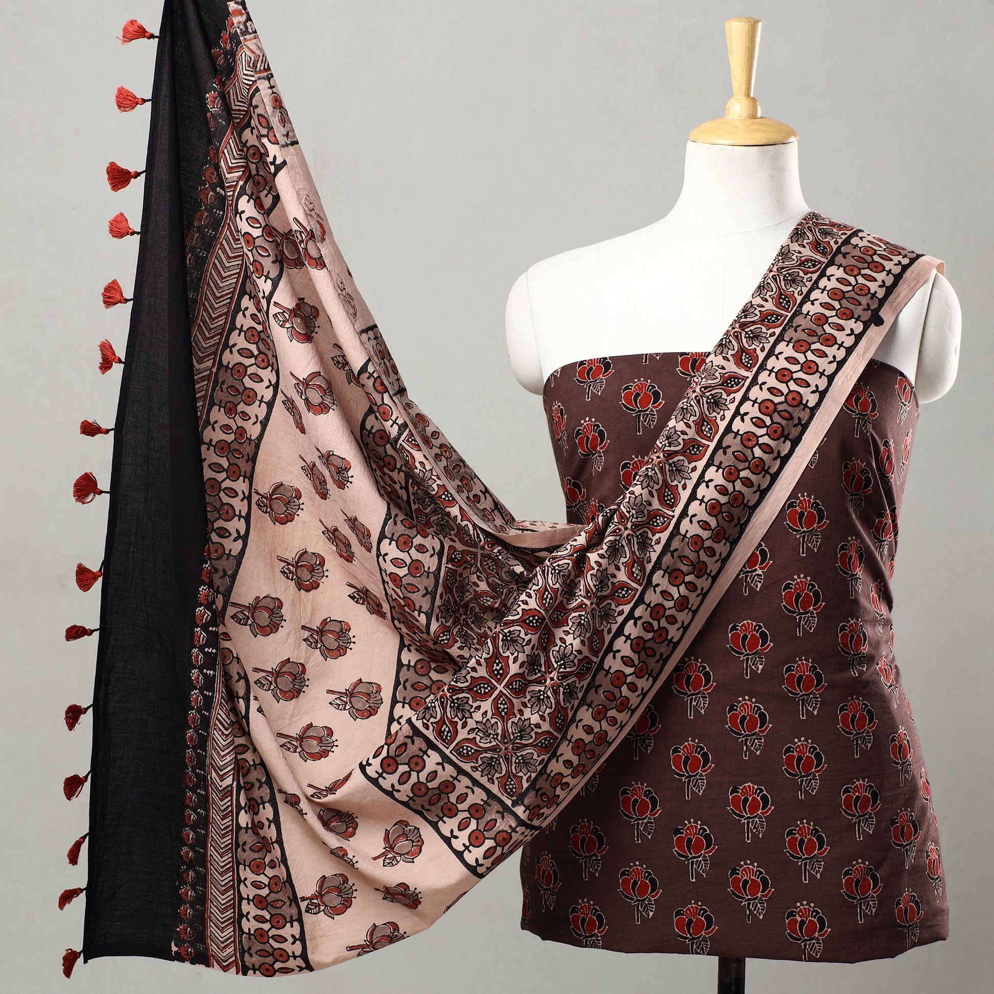 Brown - 3pc Ajrakh Block Printed Natural Dyed Cotton Suit Material Set 19