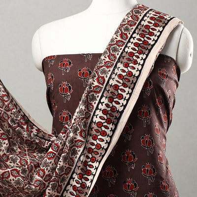 Brown - 3pc Ajrakh Block Printed Natural Dyed Cotton Suit Material Set 21