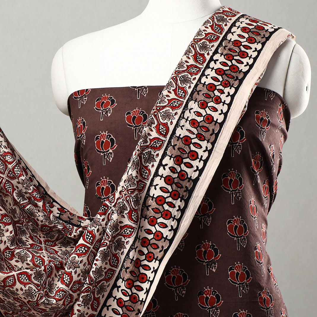 Brown - 3pc Ajrakh Block Printed Natural Dyed Cotton Suit Material Set 21