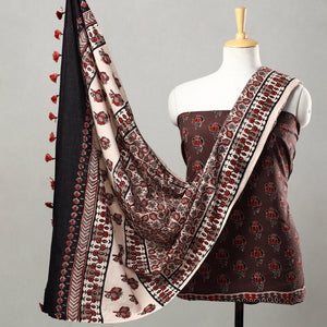 Brown - 3pc Ajrakh Block Printed Natural Dyed Cotton Suit Material Set 21