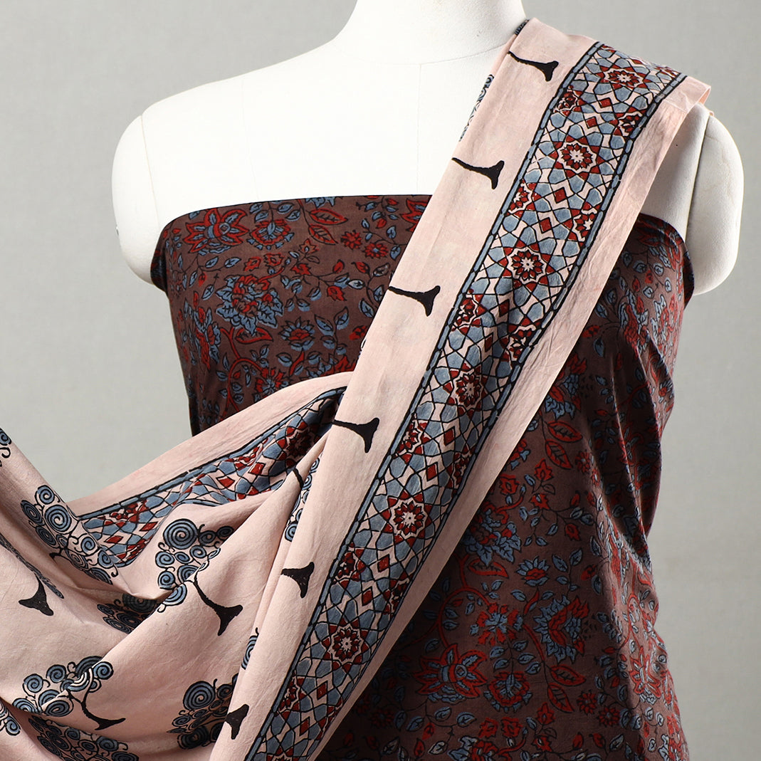 Brown - 3pc Ajrakh Block Printed Natural Dyed Cotton Suit Material Set 23