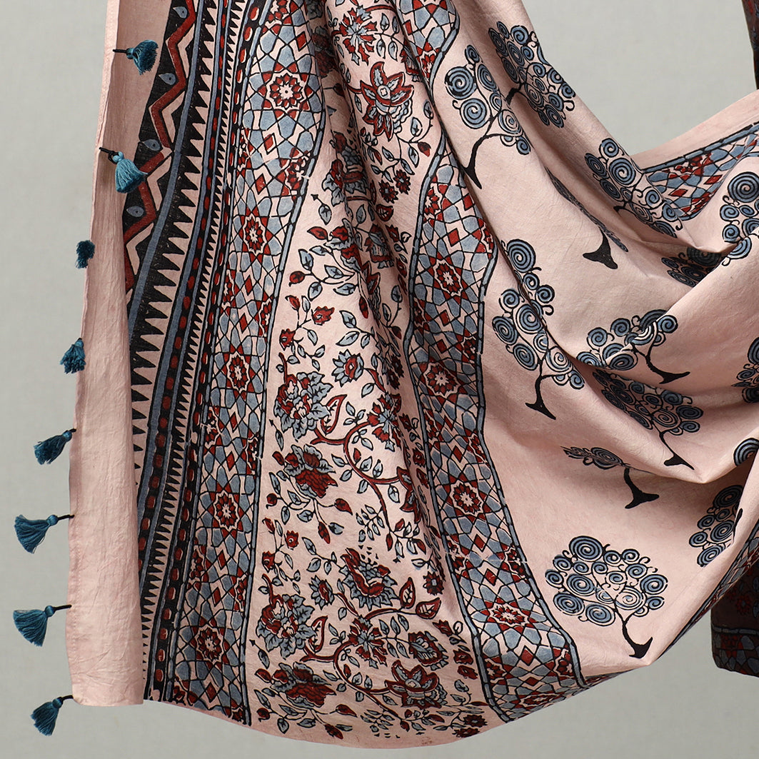 Brown - 3pc Ajrakh Block Printed Natural Dyed Cotton Suit Material Set 23