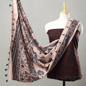 Brown - 3pc Ajrakh Block Printed Natural Dyed Cotton Suit Material Set 23