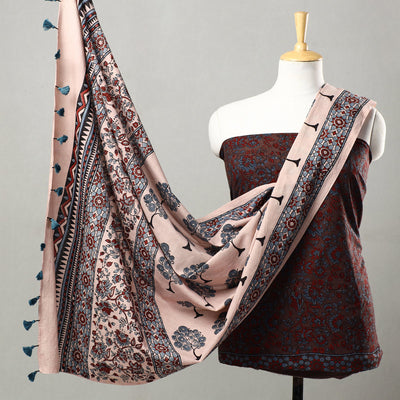 Brown - 3pc Ajrakh Block Printed Natural Dyed Cotton Suit Material Set 23
