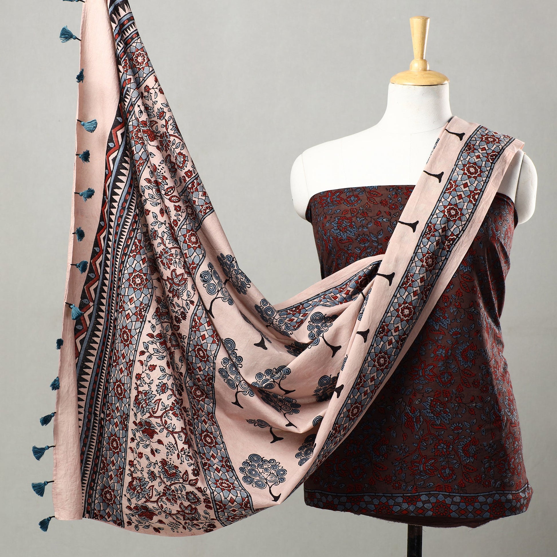 Brown - 3pc Ajrakh Block Printed Natural Dyed Cotton Suit Material Set 23