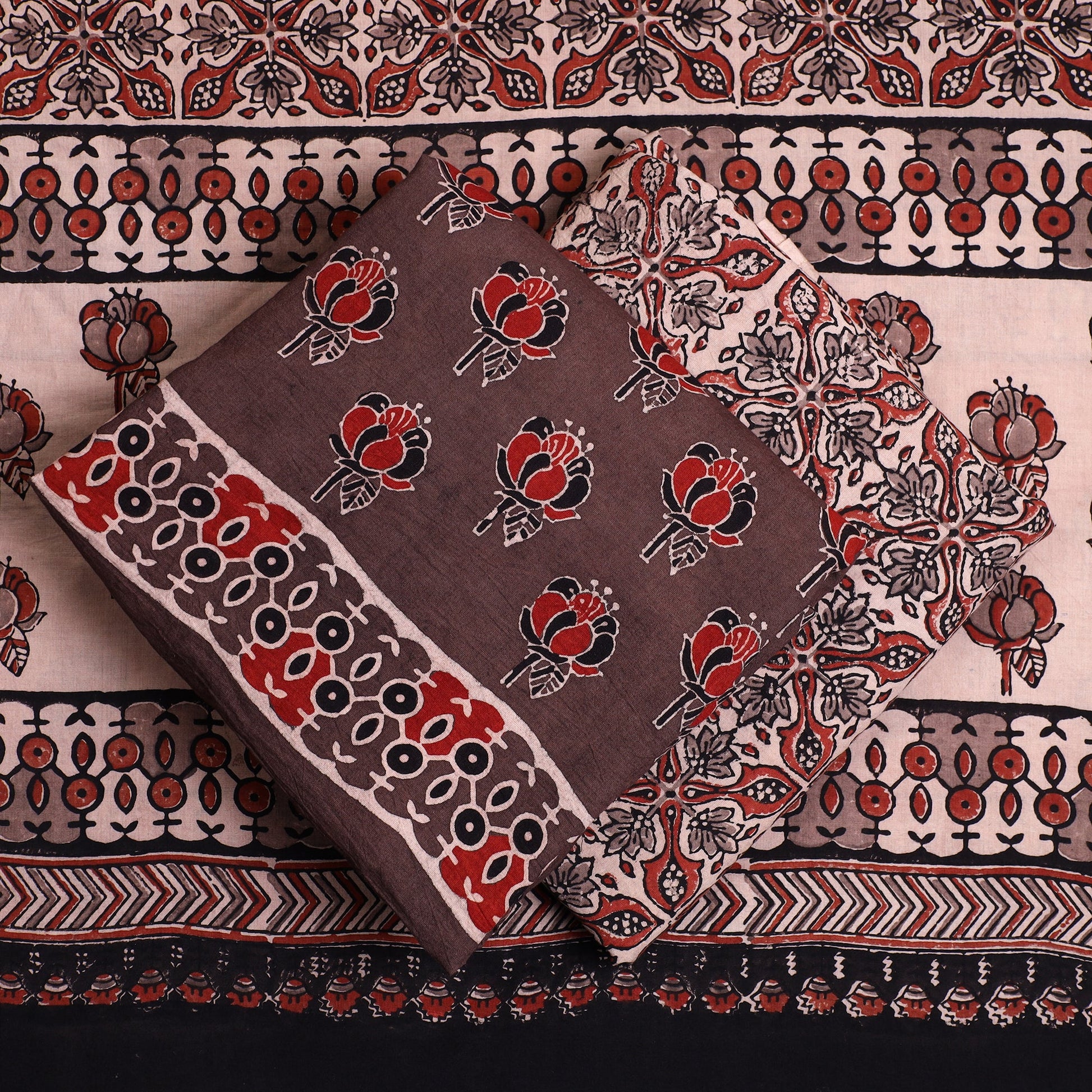 Brown - 3pc Ajrakh Block Printed Natural Dyed Cotton Suit Material Set 19