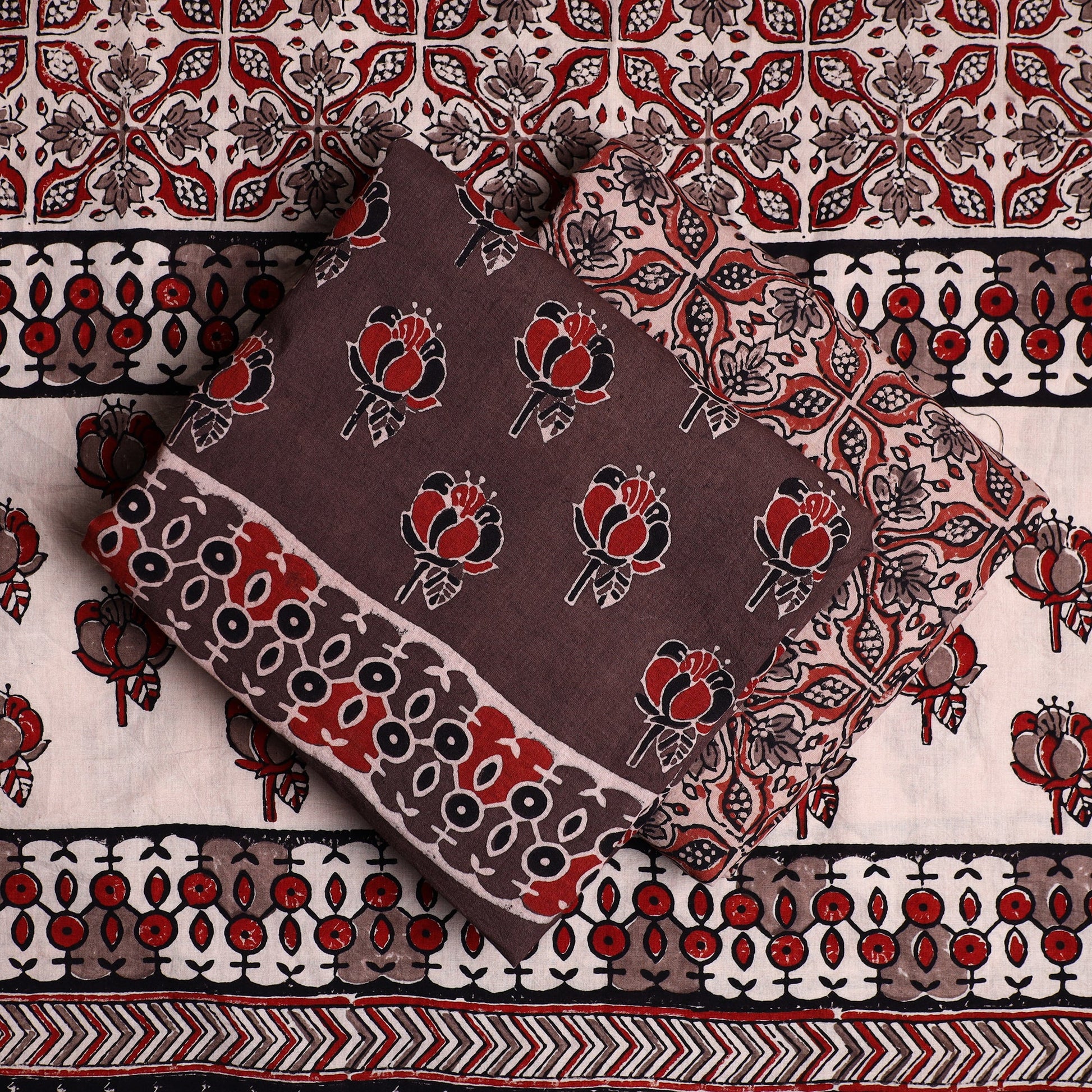 Brown - 3pc Ajrakh Block Printed Natural Dyed Cotton Suit Material Set 21