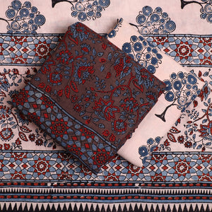Brown - 3pc Ajrakh Block Printed Natural Dyed Cotton Suit Material Set 23