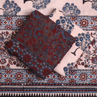 Brown - 3pc Ajrakh Block Printed Natural Dyed Cotton Suit Material Set 23
