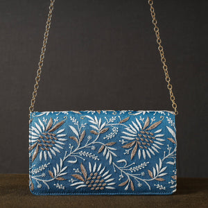 Blue - Chikankari Hand Embroidery Tussar Silk Clutch / Sling Bag