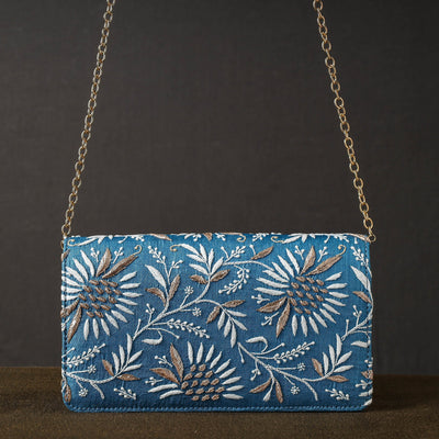 Blue - Chikankari Hand Embroidery Tussar Silk Clutch / Sling Bag