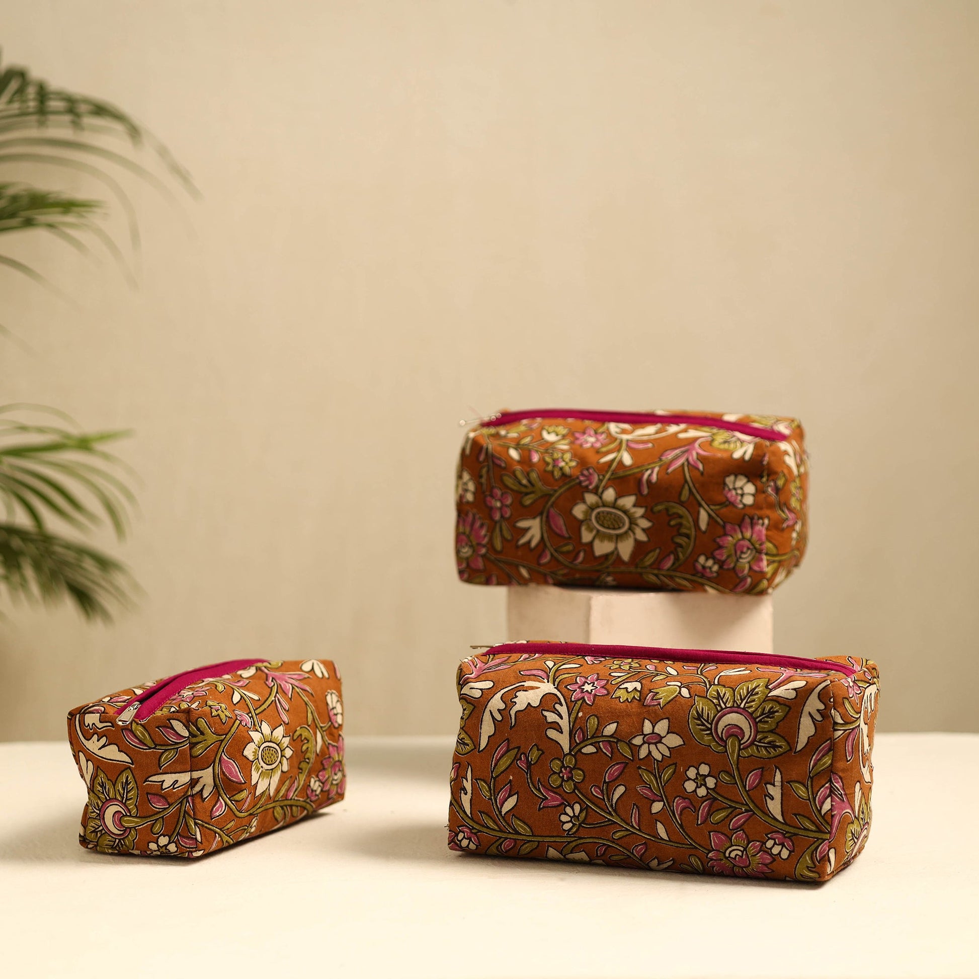 Brown - Handmade Cotton Toiletry Bags (Set of 3) 12