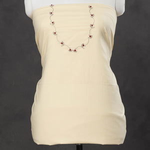 Beige - Hand Embroidery Plain Cotton Kurta Material - 3 Meter