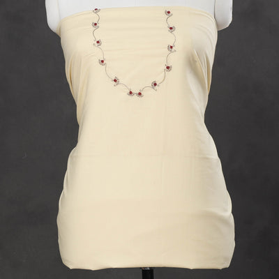 Beige - Hand Embroidery Plain Cotton Kurta Material - 3 Meter