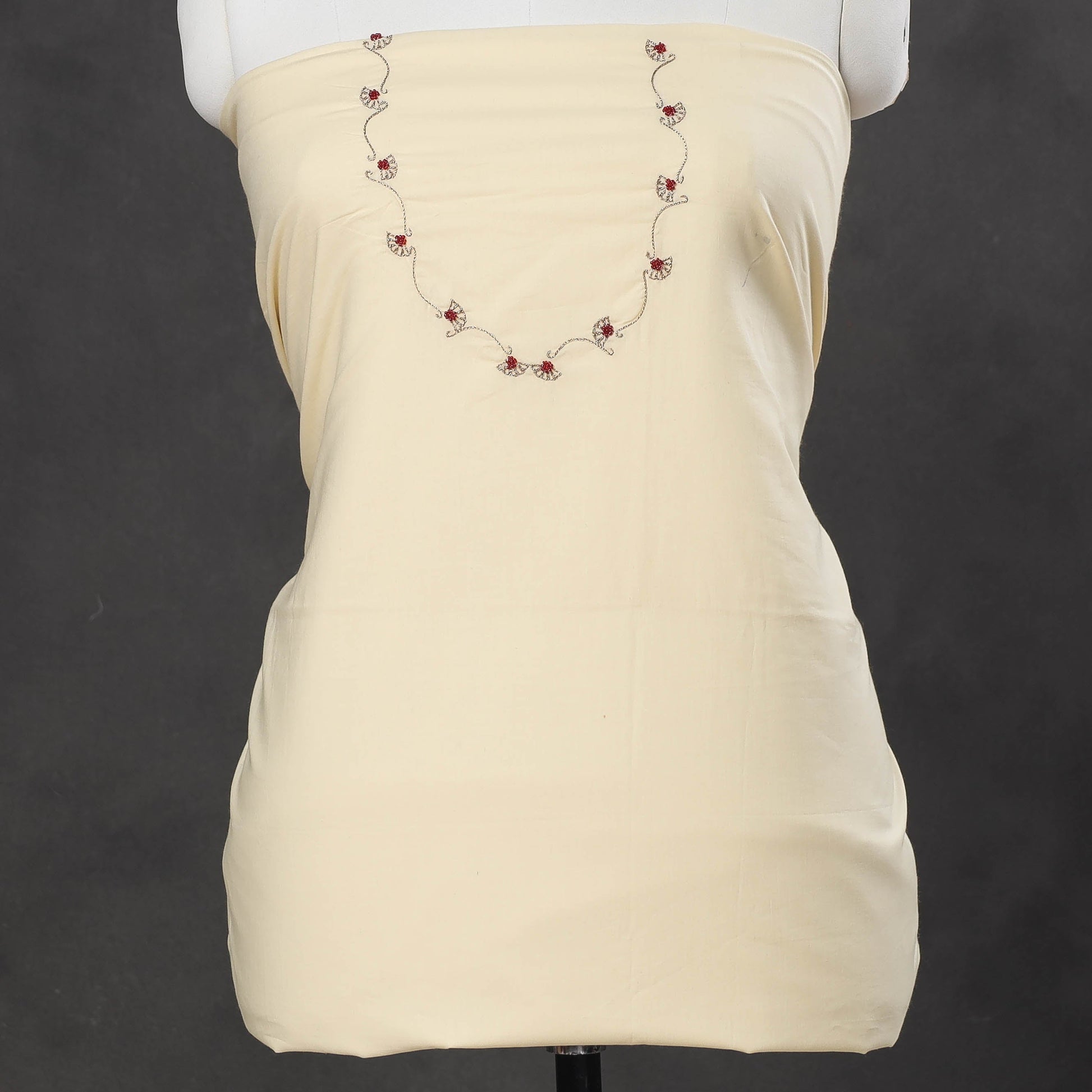 Beige - Hand Embroidery Plain Cotton Kurta Material - 3 Meter