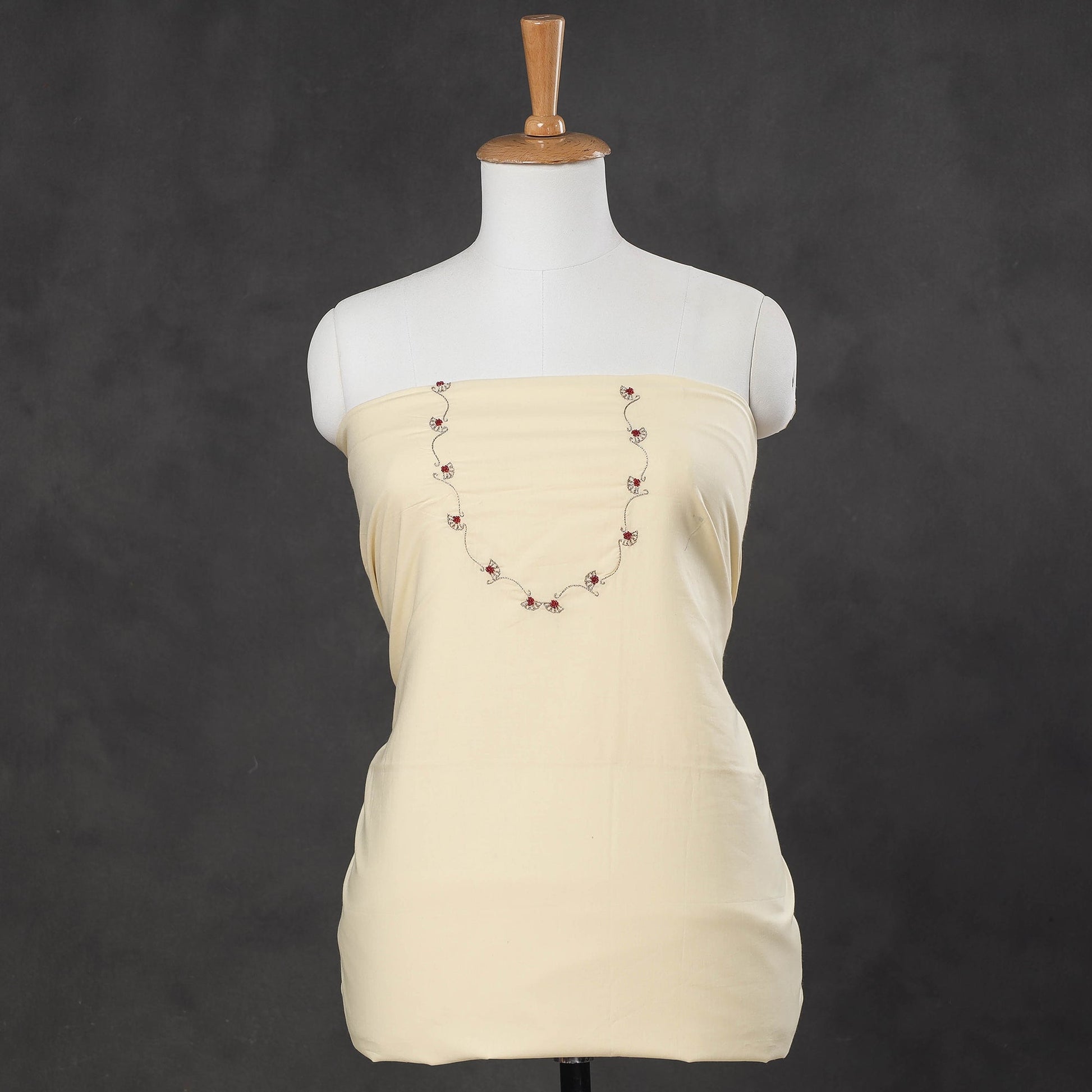 Beige - Hand Embroidery Plain Cotton Kurta Material - 3 Meter